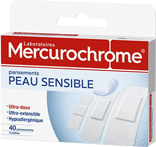MERCUROCHROME - Pansements Peau Sensible - Ultra doux - 3 Tailles - Boite de 40 pansements hypoallergéniques