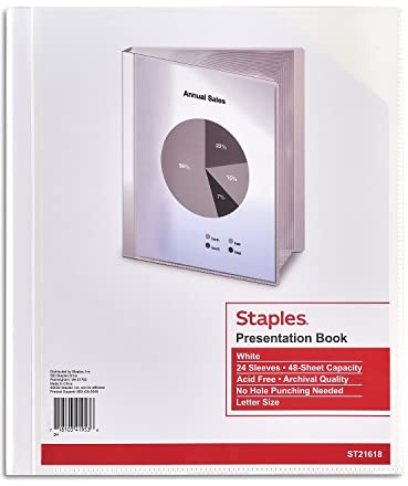 Staples Presentation Book Binder, 24-Sleeve Capacity, White – Clear Sheet Protector Display Book for Reports, School & Office