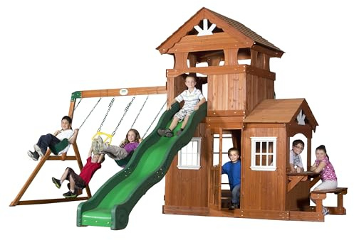 Backyard Discovery Shenandoah Cedar Wood Swing Set with Wave Slide, Raised Clubhouse, Playhouse, Play Kitchen, Belt Swings, Trapeze, Rock Wall, Ladder, Picnic Table, Full Door, Outdoor Playset