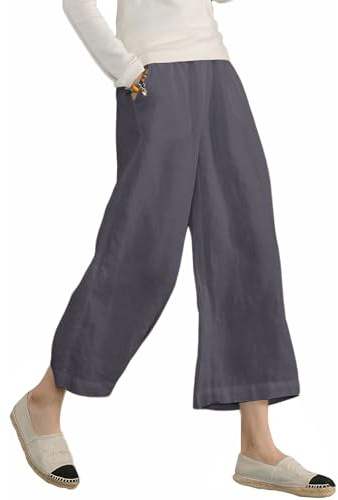 ECUPPER Womens Cotton Cropped Pants Loose Fit Wide Leg Capri Casual Plus Size Elastic Waist Trousers Gray 2XL
