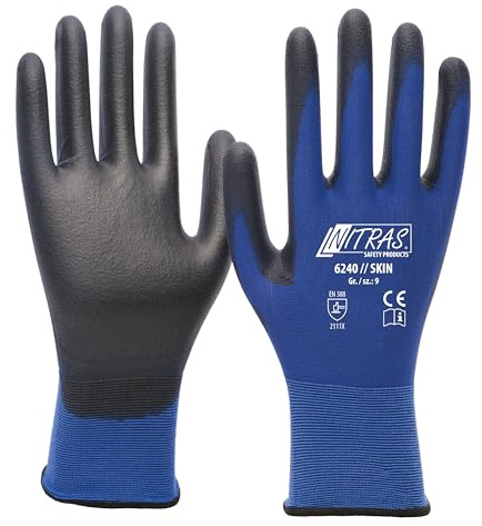 Nitras 12 Paar 6240 Skin Nylon-Strickhandschuhe mit PU-Beschichtung, Feinmontage, Touchscreen geeignet, Größe:9