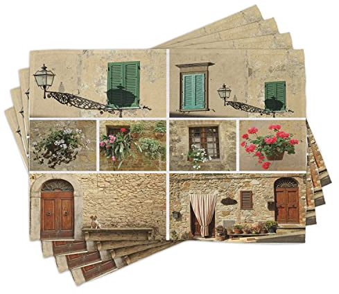 ABAKUHAUS Italienisch Platzmatten, Bilder des italienischen Lebensstils mit Alten klassischen Fensterladen-Steinhaus-Drucken, Tiscjdeco aus Farbfesten Stoff für das Esszimmer und Küch, Mehrfarbig