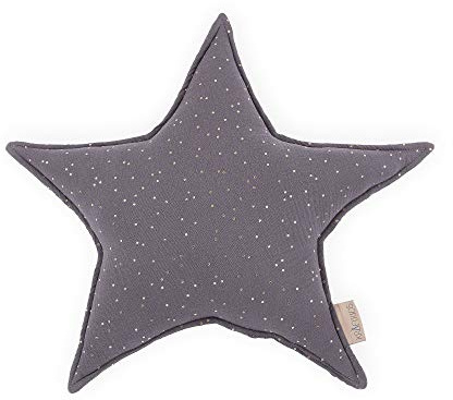 KraftKids Sternkissen Musselin goldene Punkte auf Grau, 45 cm großes Kuschelkissen, Deko-Kissen für das Kinder-Zimmer