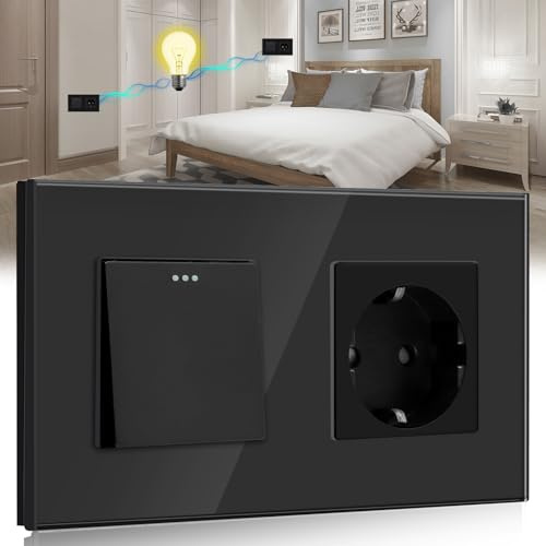 BSEED 1-Gang 2-Weg-Schalter mit 16A Schuko-Stecker und Drucktasten-Lichtschalter für Küche