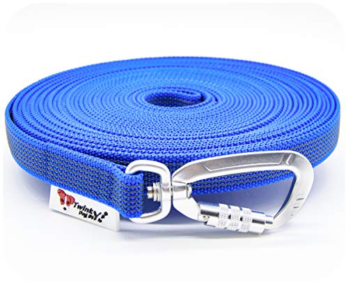 Twinkys Dog Style Schleppleine gummiert mit Sicherheitskarabiner 20 mm breit für Hunde bis 50 kg - OHNE Handschlaufe 10 Meter Blau Made in Germany