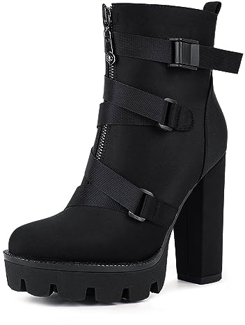Wetkiss Platform Boots - Chunky Heel Combat Boots for Women, Black Ankle Booties with Lace Up High Heel