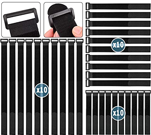 Fascette Riutilizzabili, 10 pezzi da 15 cm, 25 cm e 40 cm, larghezza 20 mm, Regolabili Fascette Velcr Resistenti con Nylon, Fascette Cavi Hook e Loop Cavi Cinghia (Nero)