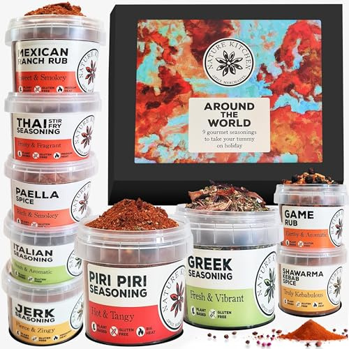 Nature Kitchen Around The World Gourmet Seasoning Gift Set 9 Spice Pots Perfect for At Home Friends and Family dining. Thai, Mexican, Piri Piri, Greek, Shawarma, Italian