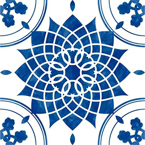 ADHÉSIF CARRELAGE - DÉCORATION DE CARREAUX CIMENT - CARREAU FLEUR BLEU (Lot de 30 pièces, 25 x 25 cm)