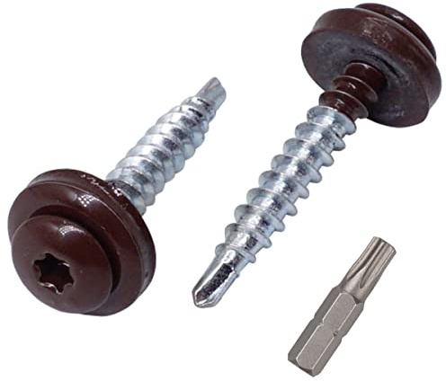 (Förpackning med 60 st) Torx-skruvar i metall, 4,8 x 35 mm målade självborrande skruvar med EPDM-brickor, metallskruv (60, chokladbrun RAL 8017)