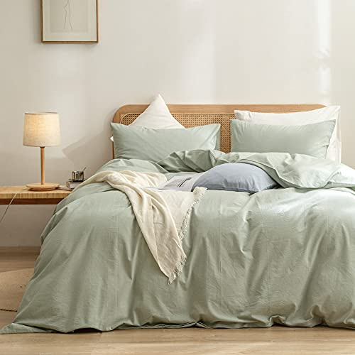 BESTOUCH Set copripiumino 100% cotone lavato al tatto super morbido confortevole chic leggero 3 pezzi set di biancheria da letto per la casa tinta unita verde salvia completo/matrimoniale