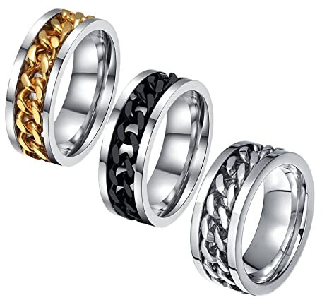 Mesnt Ring Edelstahl Gold, Mehrfarbiger Spinner-Kettenring Silber, Schwarz, Gold Größe 62 (19.7)