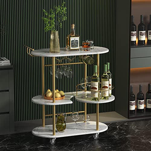 PAUKIN Carritos de barra dorados con estantes de almacenamiento de 4 niveles, carrito móvil para bar con estante de vino y soporte de vidrio, para el hogar, cocina, sala de estar, comedor
