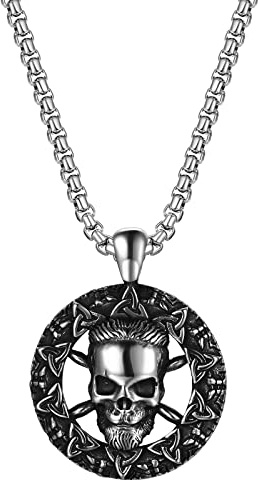 JewelryWe Schmuck Halskette Herren Wikinger Odin Keltische Knoten Totenkopf Schädel Rund Kreis Edelstahl Anhänger mit 22 Zoll Kette Geschenk Silber