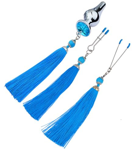 Metal Stainless Steel Anal Plug Blue Jewelry Base Adult Toy Tassel Pendant Anal Plug Breast Clip Set(S)