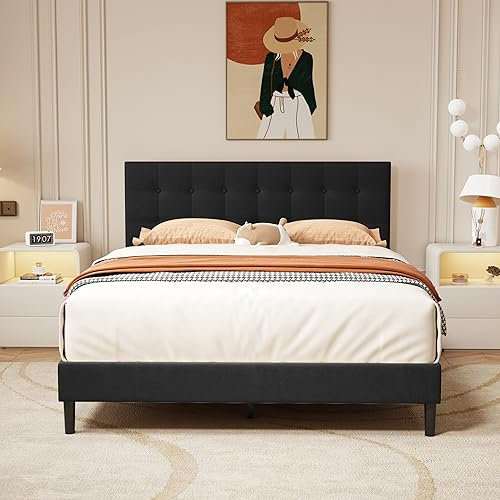 alazyhome Queen Size Upholstered Platform Bed Frame with Button Tufted Linen Headboard Wood Slat Support Easy Assembly No Box Spring Needed Black