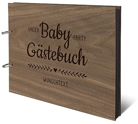 Personalisiertes Geburt Fotoalbum echtes Holz DIN A4 Erinnerungsbuch mit Lasergravur - Babyparty - mit 25 Blatt / 50 Seiten Fotokarton Schwarz
