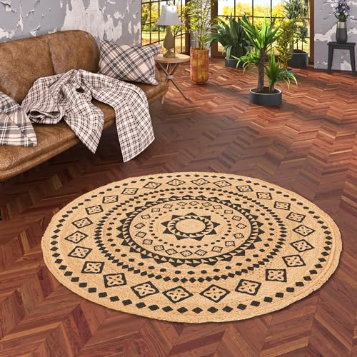 Pergamon Natur Teppich Handgefertigt Jute Rund Wohnzimmer Boho mit Bordüre oder Ethno Style