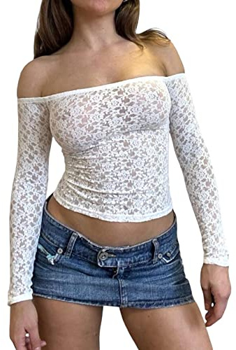 Maglietta da donna Y2k con spalle scoperte, a maniche lunghe, tinta unita, con schiena scoperta, slim fit, stretch, bodycon cropped, bianco, M