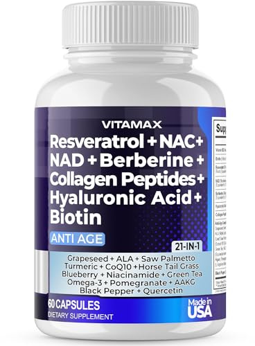 Resveratrol NAD+ Berberine Hyaluronic Acid - Biotin Grape & Blueberry + NAC - Collagen Peptides - Hair, Nail, Skin & Joint Supplement - 21-in-1 Women and Men - Made in USA (60 Count (Pack of 1)