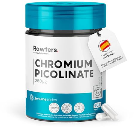 Rawters. Picolinato de Cromo | 90 Cápsulas - 250mcg por dosis diaria | Regula los niveles de azúcar en sangre | Alta dosificación libre de gluten y lactosa | No-GMO
