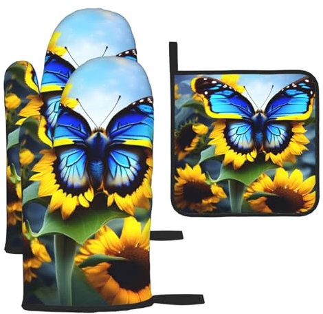 Set di 3 guanti e presine antiscottatura con farfalla blu girasole e presine per cucina cottura e grigliata regalo di Natale festa della mamma inaugurazione della casa