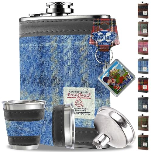 Flasque Harris Tweed enveloppée de 177 ml avec 2 verres à shot – Acier inoxydable – Bouteille pour alcool pour homme – Joli cadeau pour whisky, rhum, témoin d'honneur, mariage, camping (bleu ciel avec
