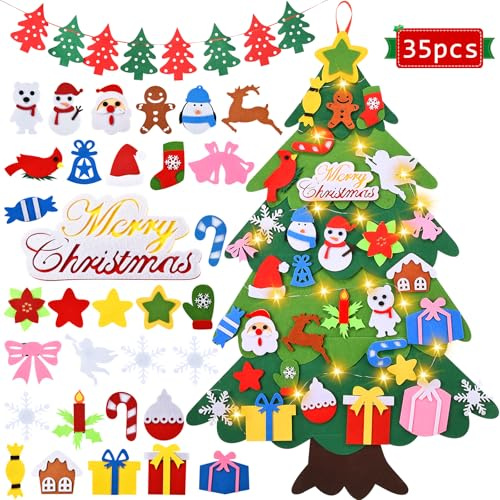 Árbol de Navidad de fieltro para niños pequeños, árbol de pared con luz, 35 adornos, juego de 3.3 pies para niños, decoraciones de Año Nuevo/Navidad