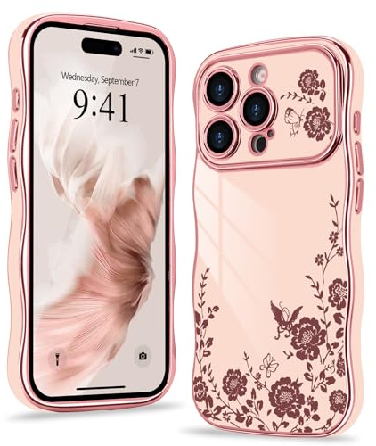 Wirvyuer Compatibile con iPhone 15 Pro Max Cover Ondulato Forma Riccio,Rosa | Custodia motivo con farfalle e fiori, Galvanizzato Antiurto Cover per ragazze e donne, Silikon Flower Case Girls