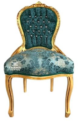 CasAmin Home & Living Accentstol matsalsstol i barock rokokostil, turkosgrönt sammetstyg, fransk stil retstol med guldfinish