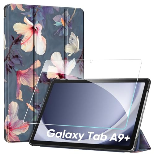 Fintie Hülle für Samsung Galaxy Tab A9+/A9 Plus 11 Zoll 2023 Tablet mit Schutzfolie - Ultradünne Kunstleder Schutzhülle Cover mit Auto Schlaf/Wach Funktion, Hibiskus