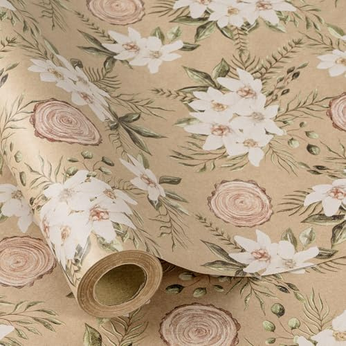 RUSPEPA Rollo de papel de regalo floral de Navidad para mujeres y niñas, mini rollo, diseño vintage de flores blancas y vegetación, elegante papel de regalo de papel kraft para Navidad, boda, 43,2 cm