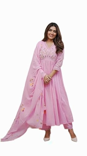 Sambhav Quilt Hub Broderad Anarkali Kurta och Byxset med tryckt bomull Malmal Dupatta och spets, Rosa, L