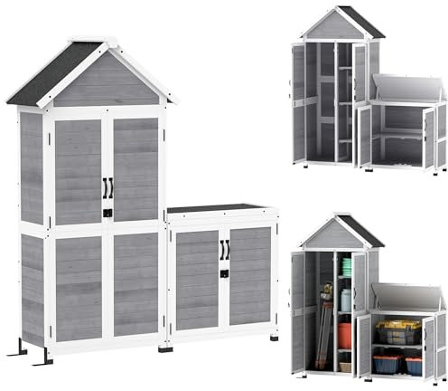Outsunny Capanno Porta Attrezzi da Giardino 0.32m² in Legno di Abete, Casetta Attrezzi Giardino con Armadietto, Ripiani Regolabili, Base Rialzata e Tetto Apribile Impermeabile, Grigio Chiaro