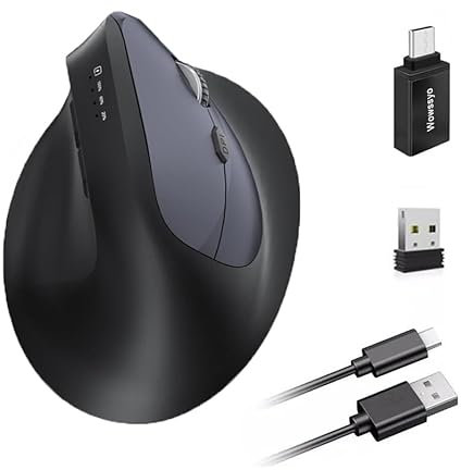 Ratón inalámbrico ergonómico 3 modos [Bluetooth 5.2, 2.4 G, con cable] Wireless Vertical Ratón Recargable Inalámbrico 1200/1600/2400/3200/6400/9600 DPI, batería recargable, 6 botones, PC/Mac Gris