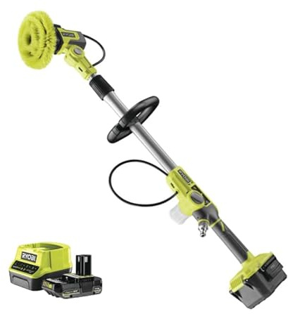 Ryobi Spazzola Telescopica con Risciaquo 18V ONE+ con Batteria 2.0Ah, Testina Rotante 15 cm, Asta Telescopica 1 – 1,4 m, Impermeabile IPX7
