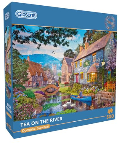 Gibsons Tea on the River 500 Piece Jigsaw Puzzle for Adults & Teens Colourful Countryside Village Scene Nostalgic Gift Thickest 100% Recycled Board Premium Puzzle by Gibsons Games