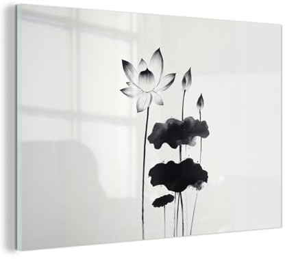 MuchoWow© Glasbilder Wohnzimmer Deko Modern Wandbild Kunstdruck auf Glas | 60x40 cm - Bild Schlafzimmer über Bett Room Decor Geschenke Blätter - Schwarz - Lotusblume - Minimalistisch