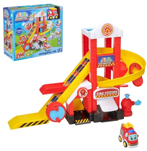 Tiny Teamsterz Beep & Go Feuerwehrstation HQ Spielset für Kinder | Enthält 1 Freilauf-Feuerwehrauto | Lichter & Geräusche | Rettungsspielzeug für Kleinkinder | Notfallfahrzeug Spielen | Alter 1-4