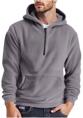 Fleece Hoodies for Men Fuzzy Fluffy Teddy Sherpa Fleece Sweatshirt Hooded Plain 1/4 Zip Hoody Gym Jumpers Winter Warm Velvet Pullover Sweater Essentials Hoodie Blanket Top with Pockets Gray