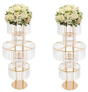RocoReny 2Pcs 5 Tiers Wedding Centerpieces Vase, 43.3In Gold Acrylic Flower Vase with Hanging Crystals, Circle Chandelier Pedestal Stand for Party Table Decoration Lawn Hotel (Gold)