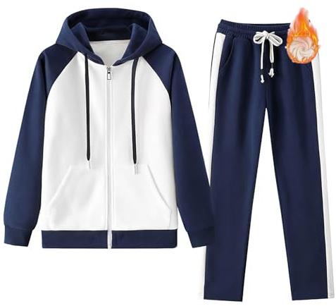 amropi Donna Tuta da Vello Foderato Giacca con Cappuccio e Jogging Pantaloni Inverno Caldo Sportivo Completo Marina, XL