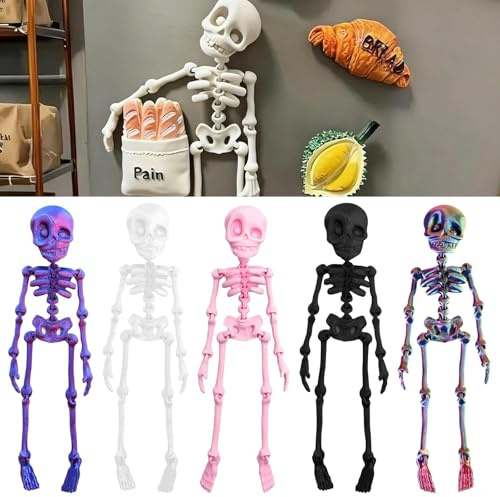 Encuryna 5pcs Poseable Skelett Kühlschrank Magnet, 3D Gedruckt Skelett Kühlschrank Magnet, Halloween Vintage Totenkopf Figur Magnetischer Aufkleber, Lustige Gotische Skelett Magnet Für Kühlschrank