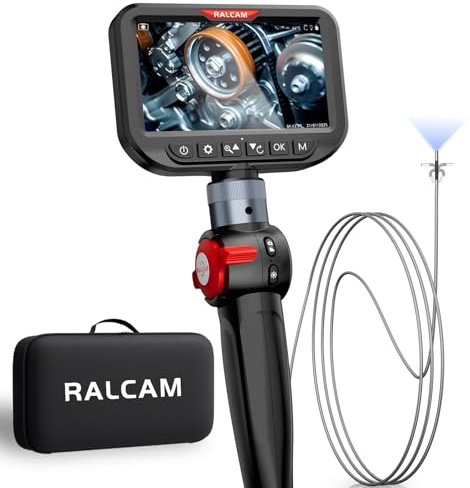 Ralcam Telecamera endoscopica con luce, fotocamera endoscope con testa mobile a 210°, sonda da 3,0 mm, schermo HD da 5, telecamera di ispezione IP67, tubo serpentina in acciaio inox da 1,5 m, camera