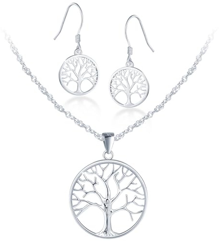 MICMIF Argent 925 Collier et Boucles d'Oreilles Arbre de Vie pour Femme Fille, Pendentif Arbre avec Chaîne 45cm, Boucles d'Oreilles Pendantes, Ensemble de Bijoux pour Petite Amie Mère