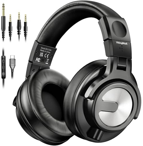 VkingMoR Auriculares de estudio, auriculares profesionales de DJ con controladores de 50 mm, auriculares sobre la oreja con cable con conector USB-C de 6,35 mm/3,5 mm/para monitor de estudio y mezcla