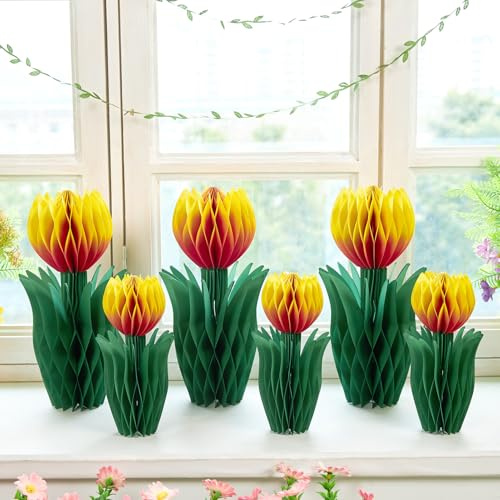 SUNBEAUTY 6PCS Large Tulip Honeycomb Decorations 3D Tulip Paper Flower Decor Hanging Orange Flowers Spring Decor Tulips Table Centerpieces Decorations for Spring Garden Birthday Party Home Decor
