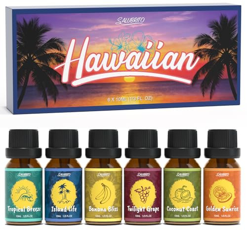 SALUBRITO Hawaiianisch Ätherische Öle Set für Diffuser, Naturrein Sommer Duftöl für Diffusor – Tropische Brise, Inselleben, Bananen, Traube, Kokosnuss Küste, Sonnenaufgang