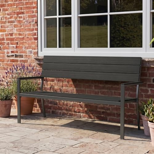 Amopatio Gartenbank Wetterfest, 2 Sitzer Sitzbank Outdoor, Balkonbank Metall aus WPC, UV-beständig Holzbank, Moderne Parkbank Gartenmöbel bis 320kg für Garten, Terrasse & Balkon, Schwarz-Schwarz