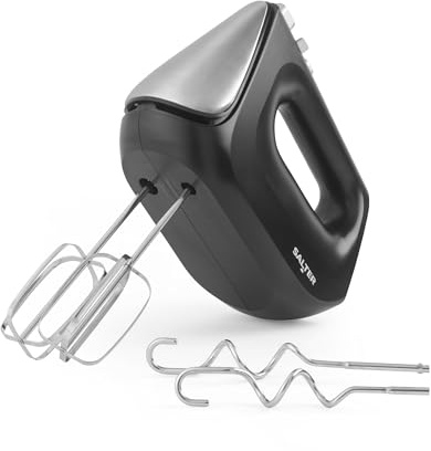 Salter 400W Hand Mixer – Electric Handheld Baking Whisk with 5 Speeds & Turbo Function, Eject to Change Stainless Steel Attachments, Dishwasher Safe Mixing Beaters & Dough Hooks, Cakes, Matte Black